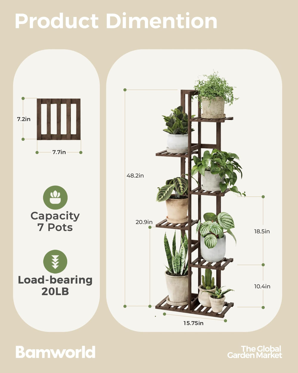 Bamworld Bamboo Plant Stand with plants arranged on tiered shelves