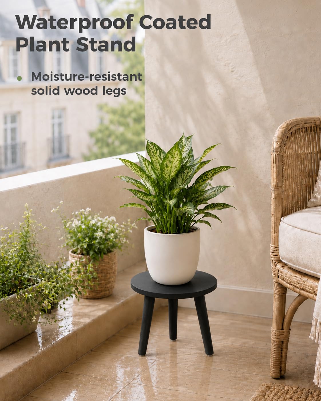 Bamworld Black Plant Stand back view showing solid wood finish