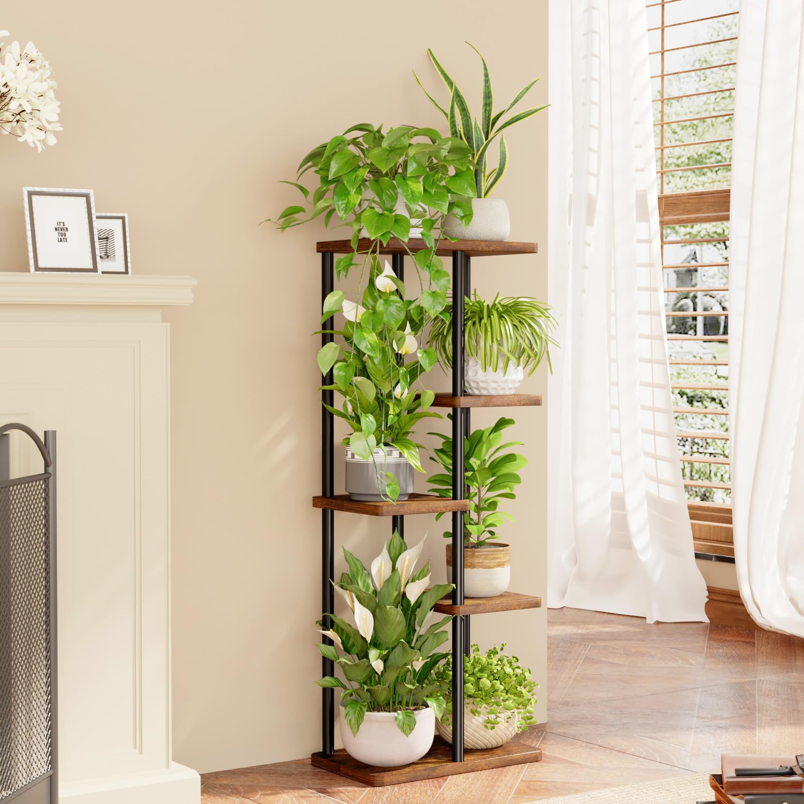 Bamworld Corner Plant Stand set up in a cozy indoor setting