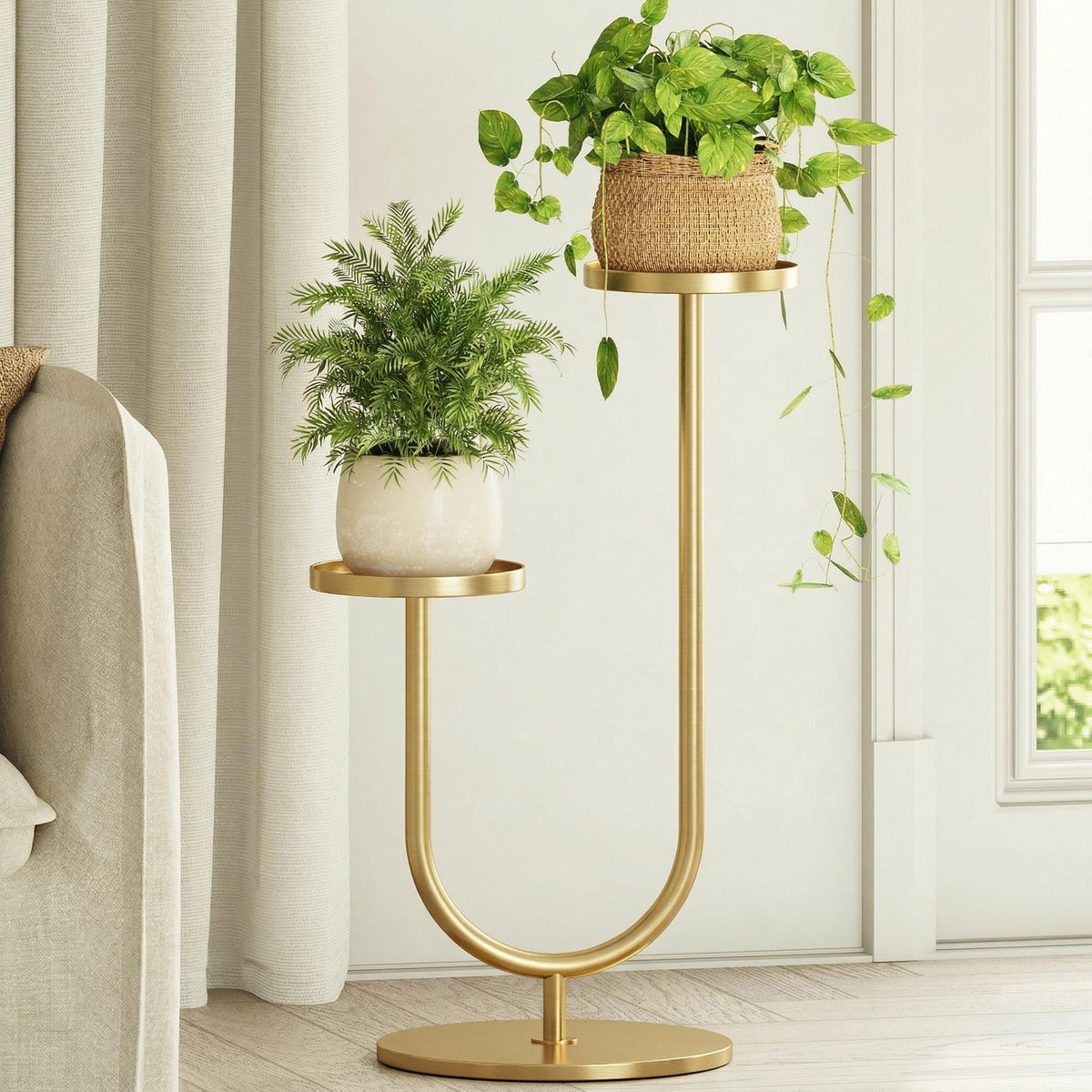 Bamworld Indoor Corner Plant Stand 2 Tier Gold, front view
