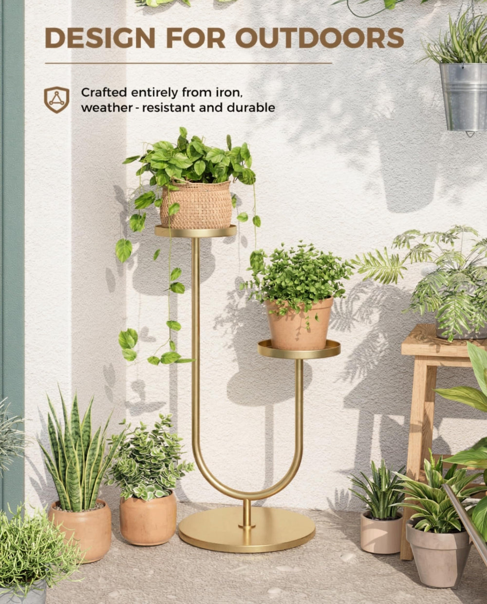 Bamworld Indoor Corner Plant Stand 2 Tier Gold, in a living room setting