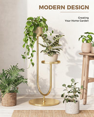 Bamworld Indoor Corner Plant Stand 2 Tier Gold with plants
