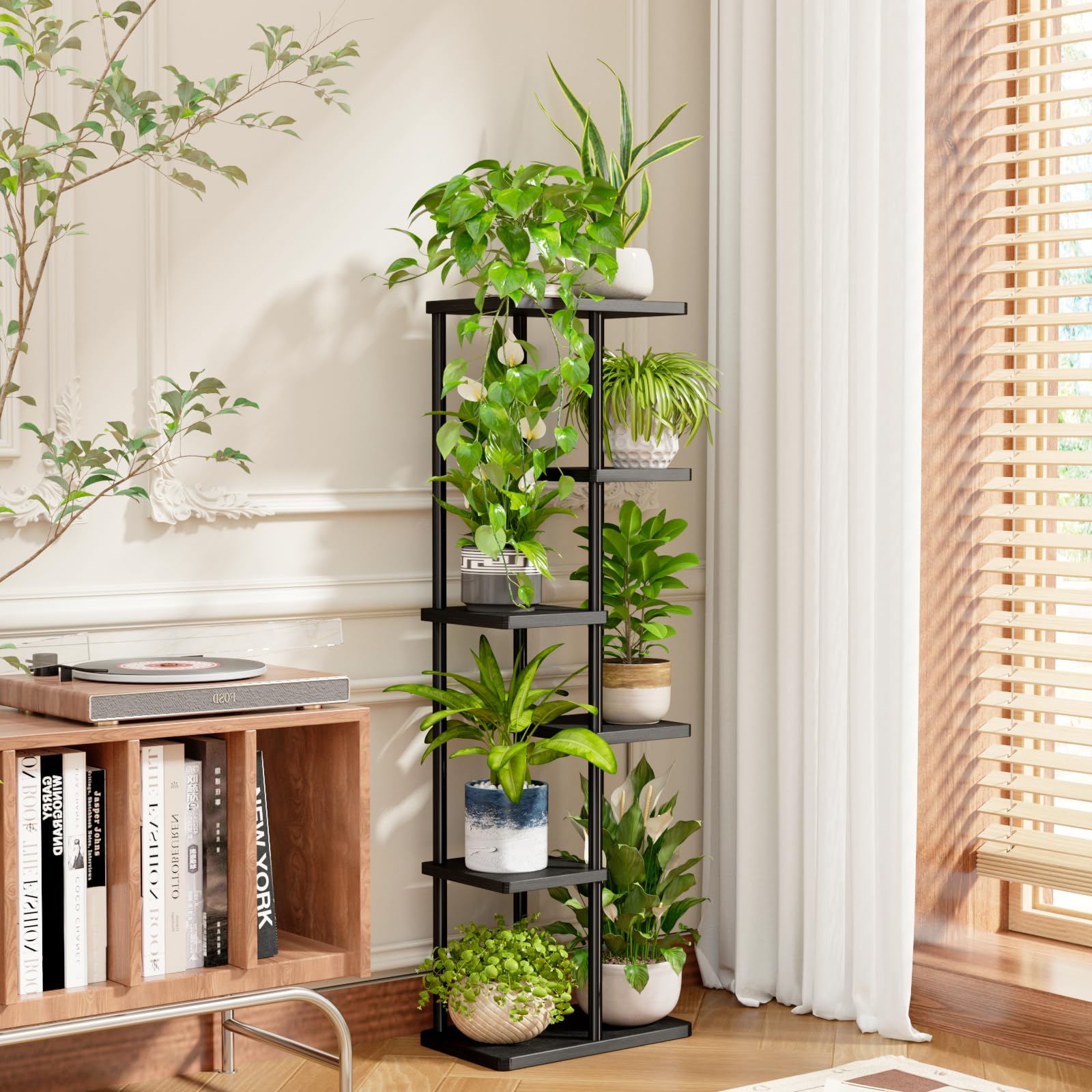 Bamworld Metal Plant Stand in a living room setting with plants
