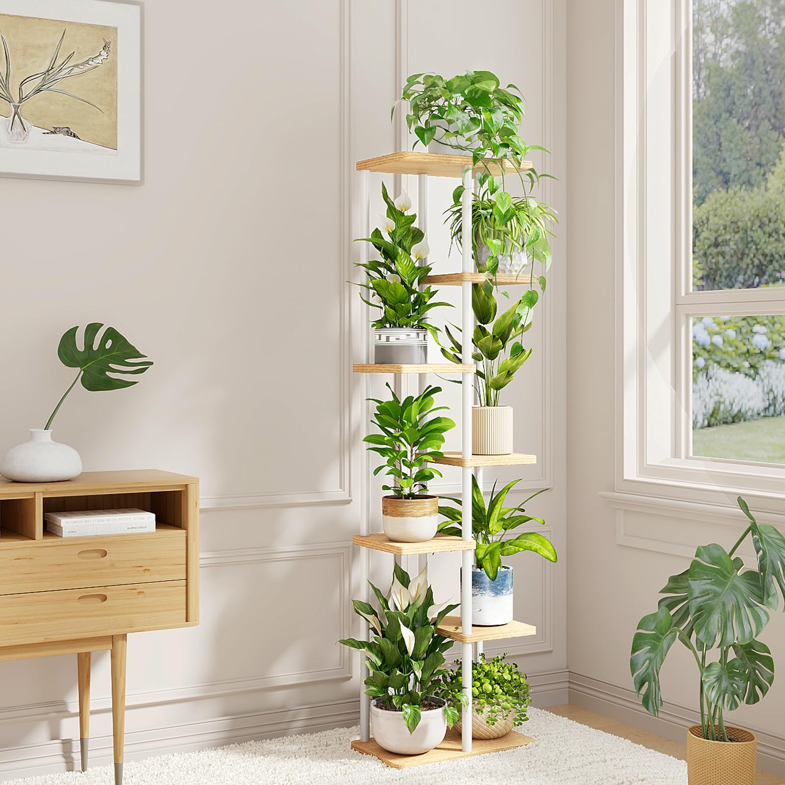 Bamworld plant stand displaying various plants and decor items