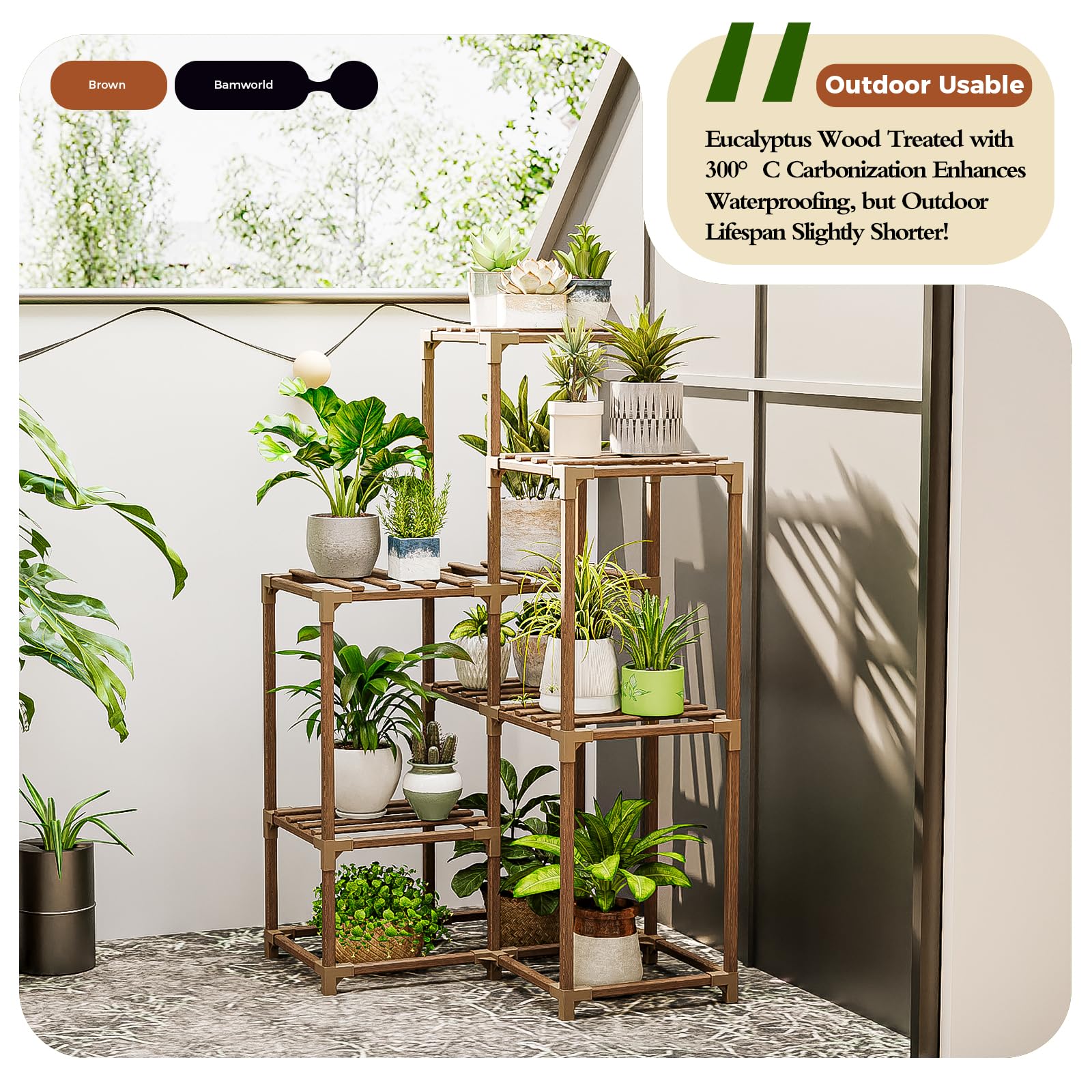 Bamworld Plant Stand in a living room corner with plants