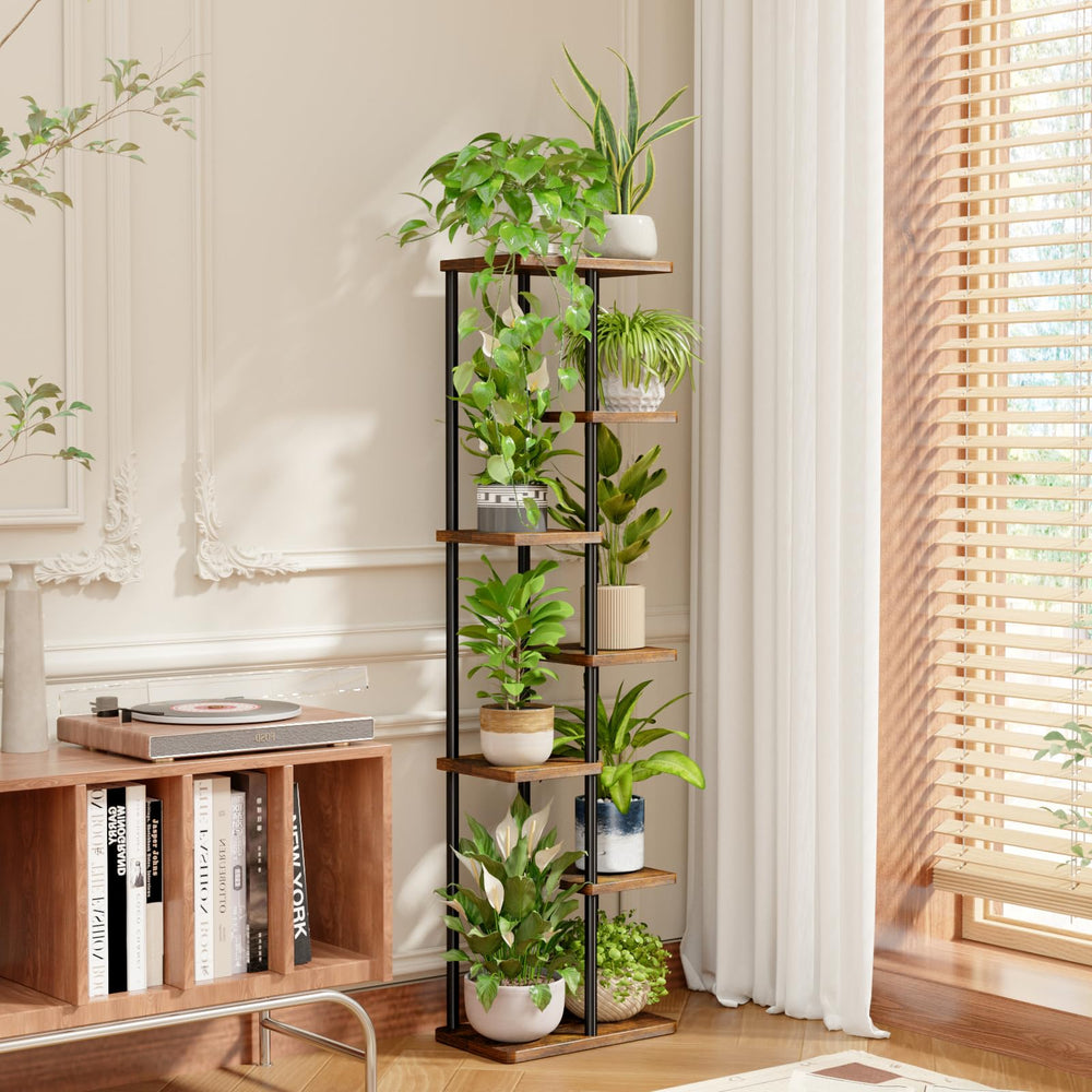 Bamworld plant stand with decorative items and plants