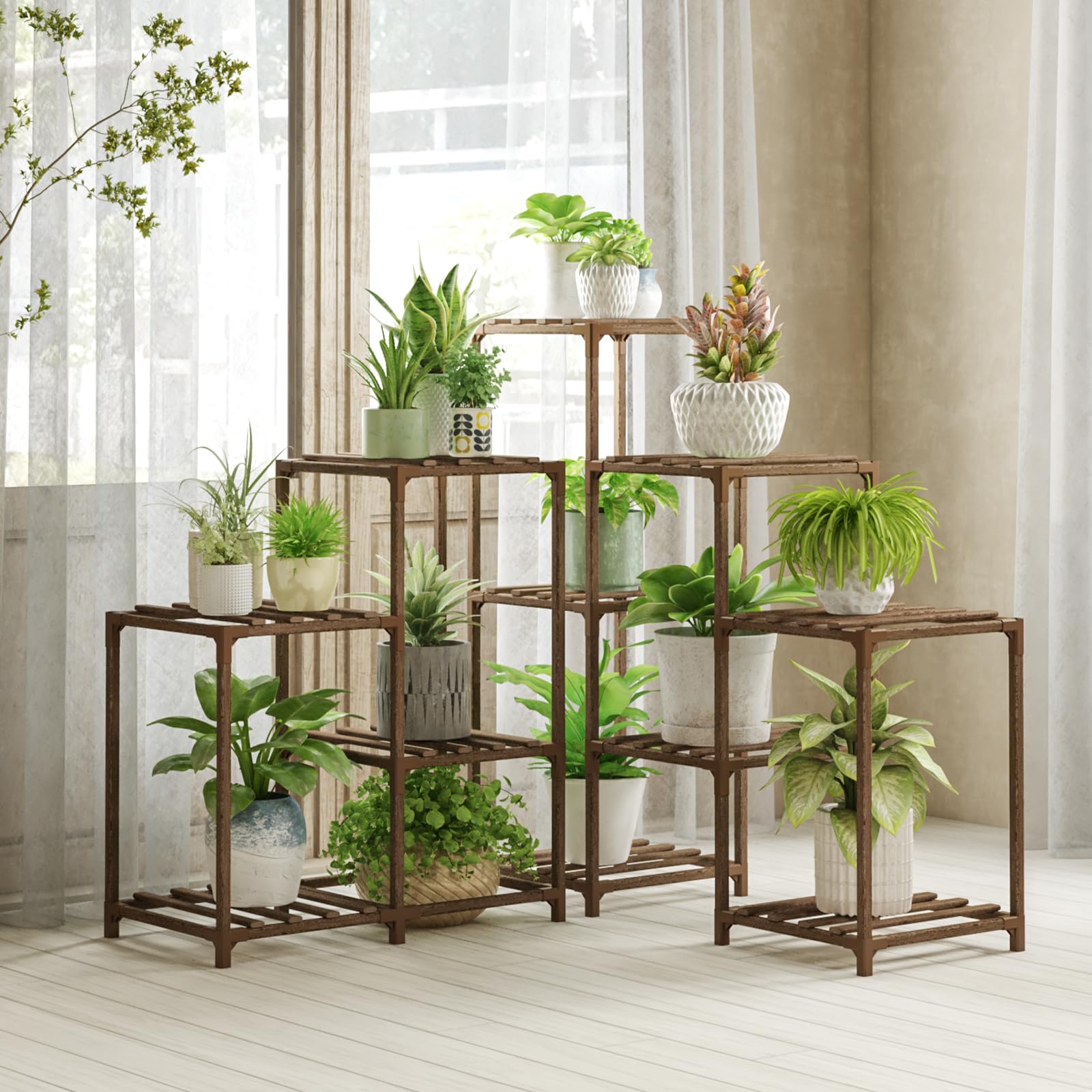 Bamworld Plant Stand with decorative plants on a balcony