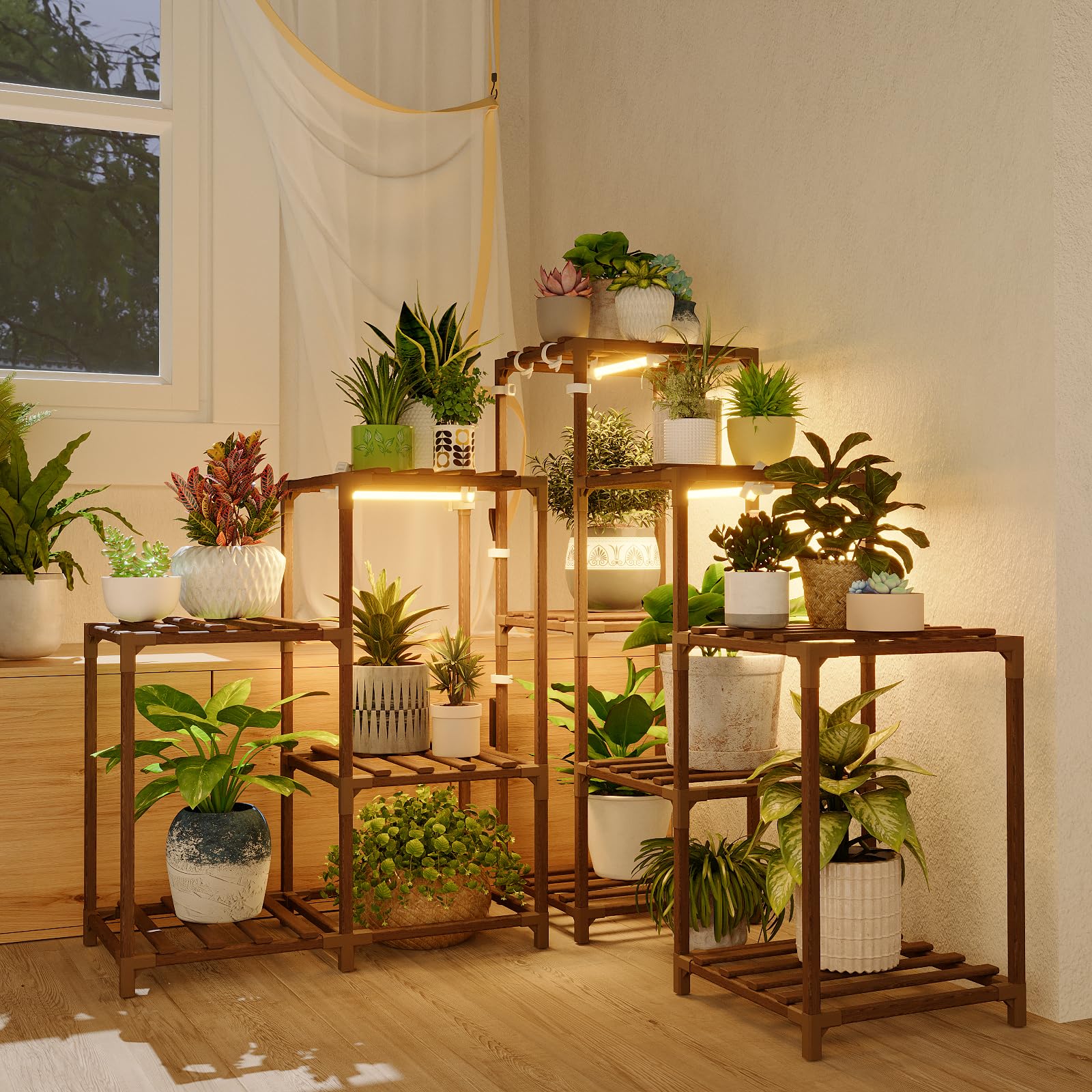 Bamworld Plant Stand with Grow Light front view showcasing 11 potted plants
