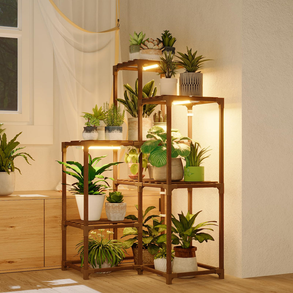Bamworld Plant Stand with Grow Light side view, showing 10 pots