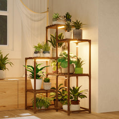 Bamworld Plant Stand with Grow Light side view, showing 10 pots