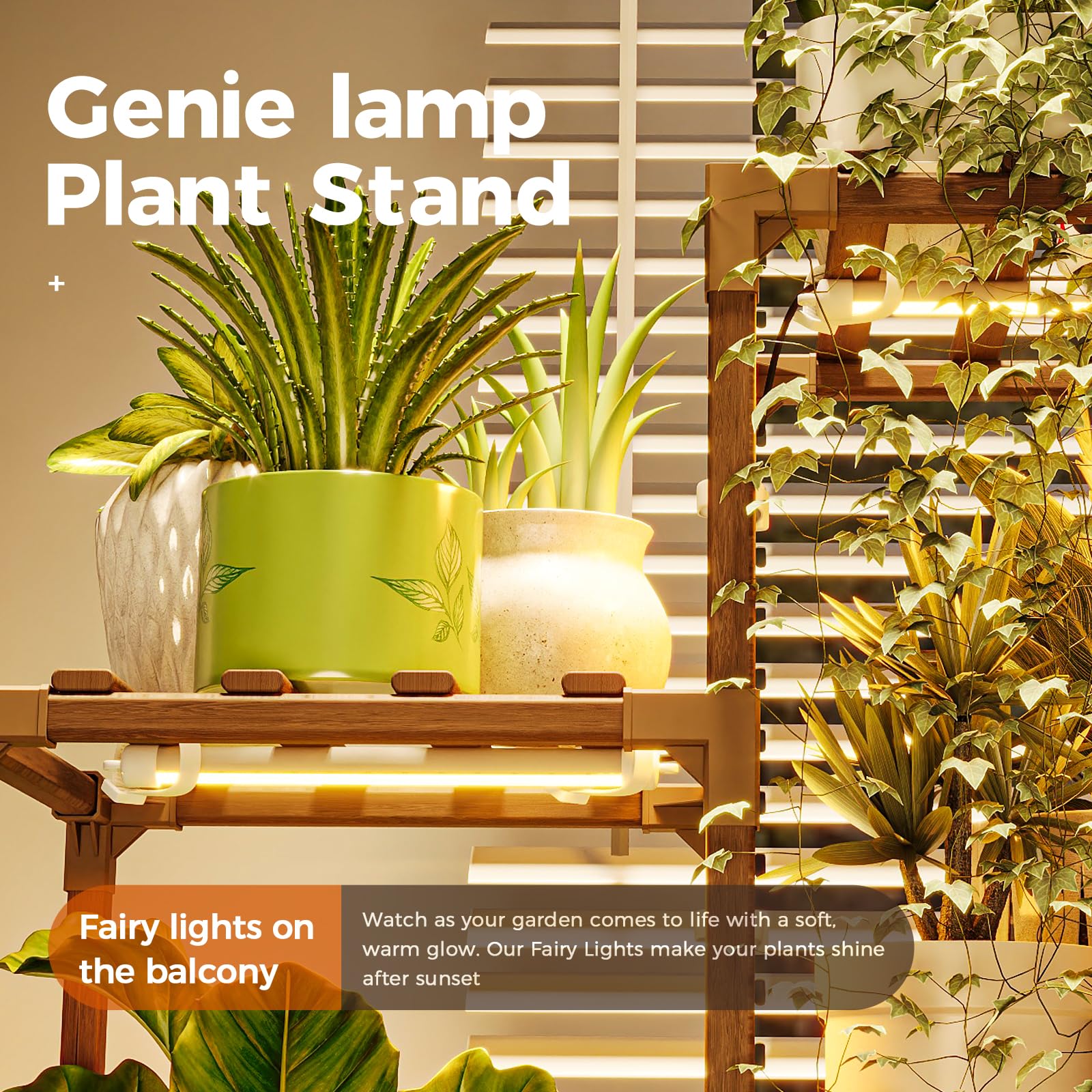 Bamworld Plant Stand with Grow Light, warm light ambiance in living room