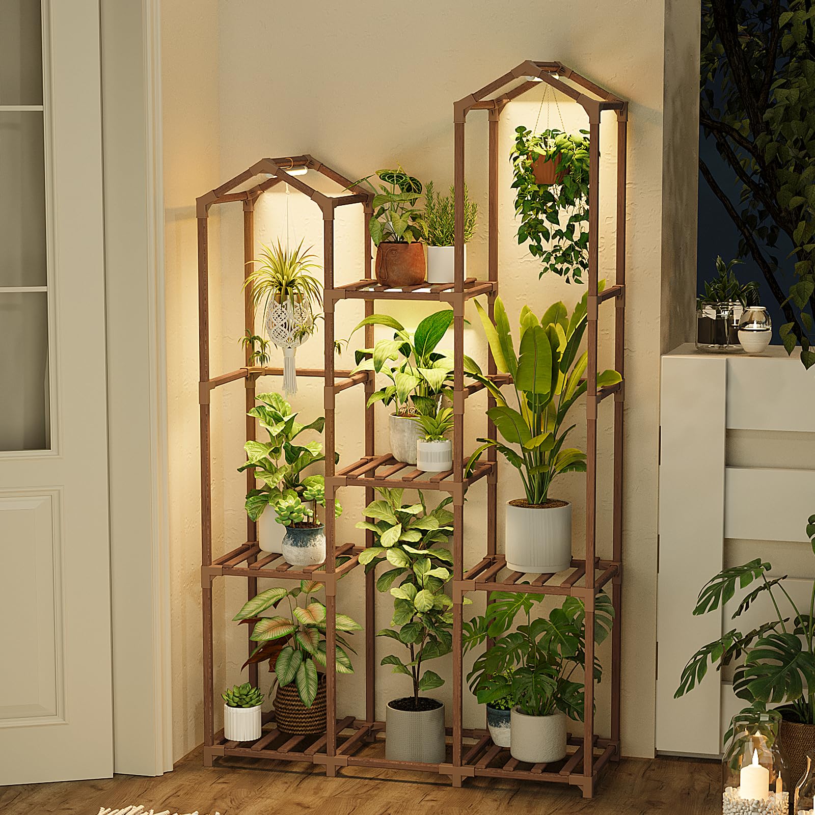 Bamworld Plant Stand with plants under the full-spectrum grow light