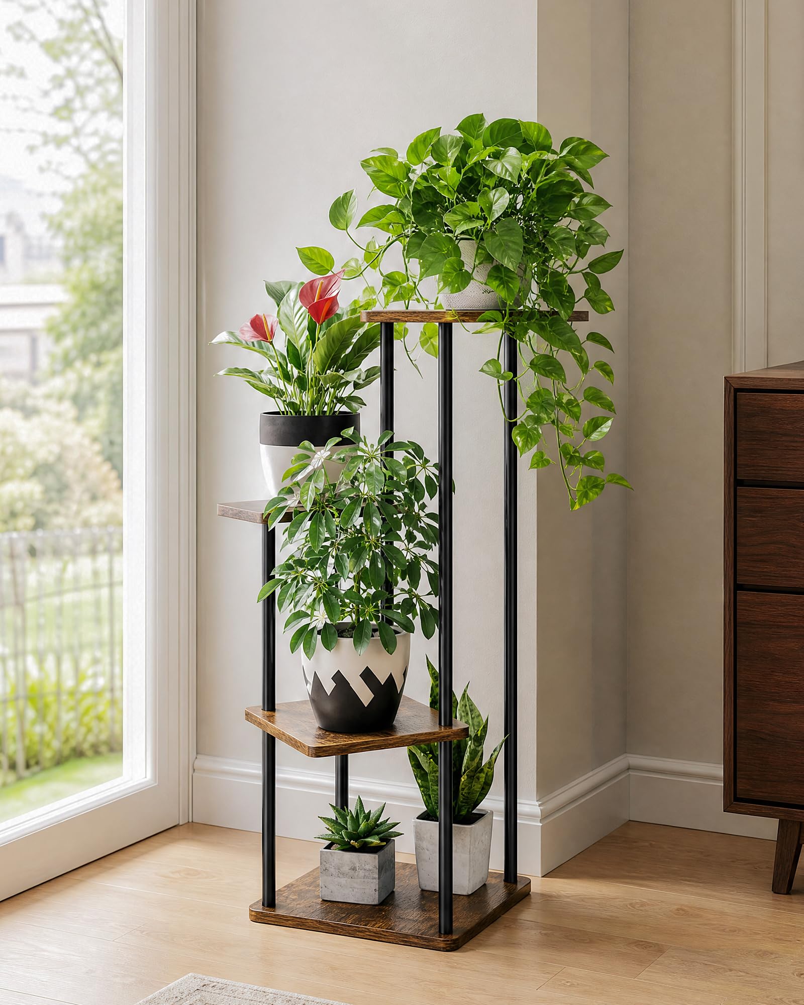 Bamworld Small Plant Stand 4 Tier Metal Brown Oak front view