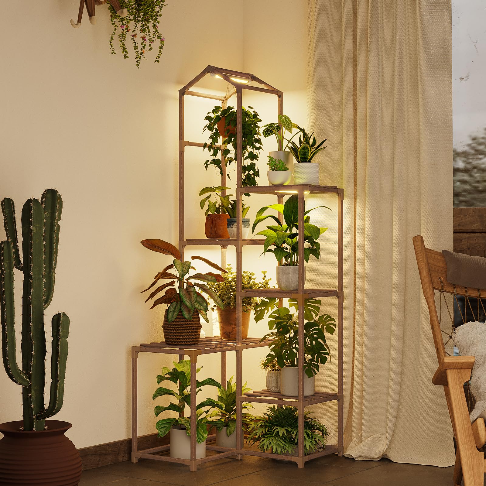 Bamworld Tall Corner Plant Stand with grow lights, front view