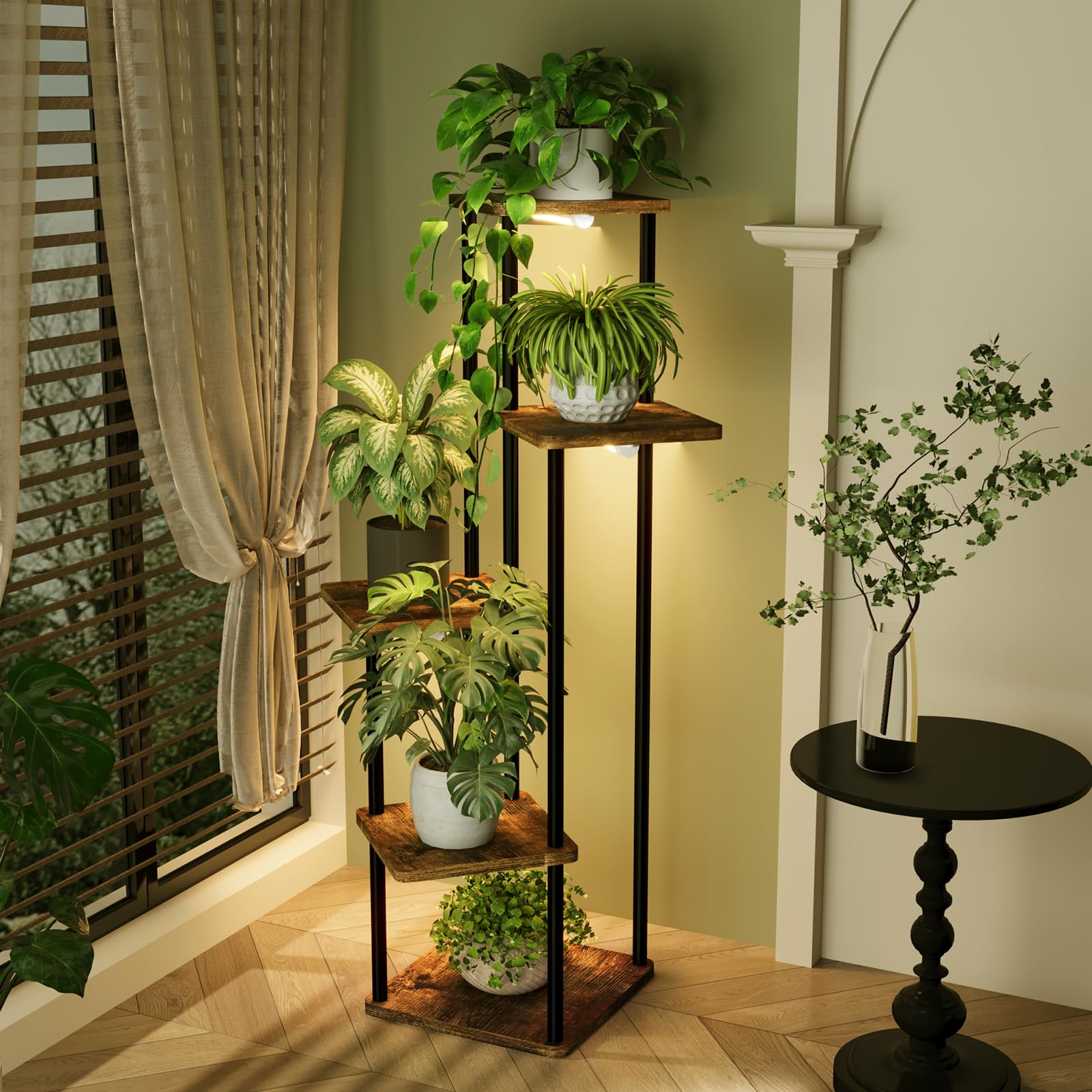Bamworld Tall Plant Stand showcasing five tiers with plants