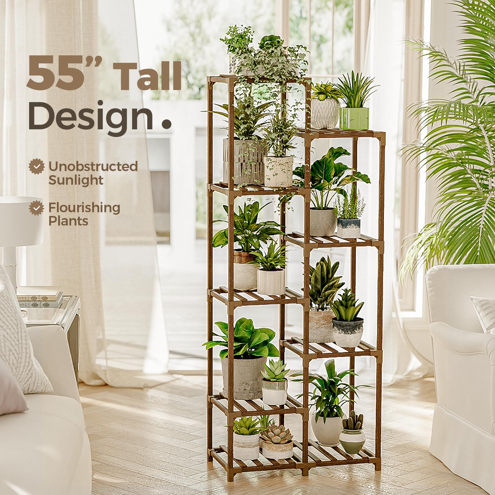 Bamworld wooden plant stand showcasing multiple plants