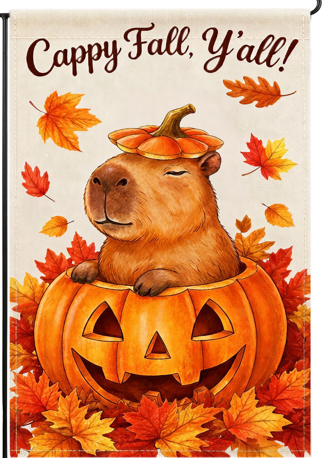 BANANABROTHER Capybara Garden Flag front view with pumpkin artwork