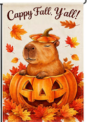 BANANABROTHER Capybara Garden Flag front view with pumpkin artwork