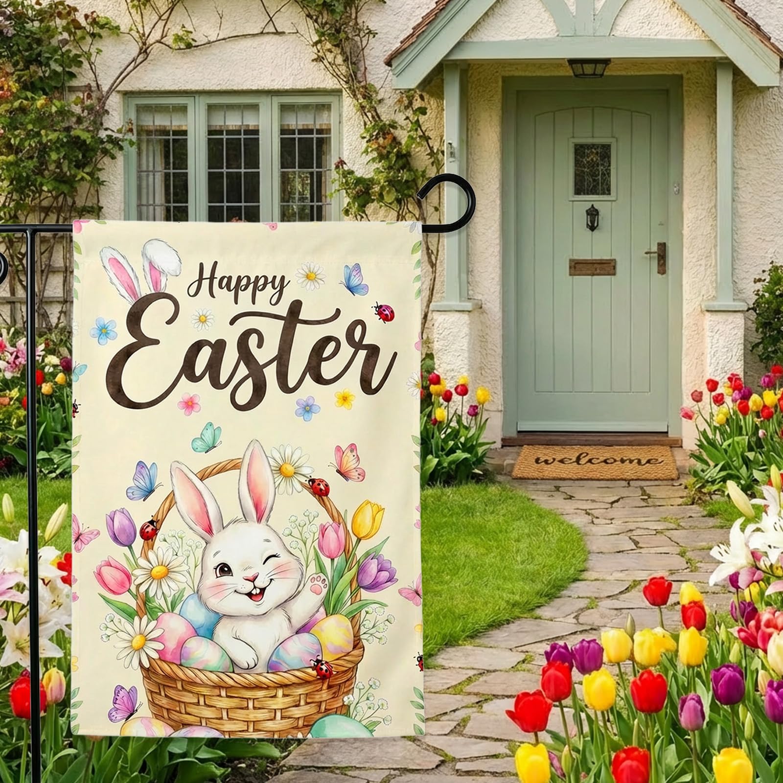 BANANABROTHER Easter Garden Flag displayed by a mailbox