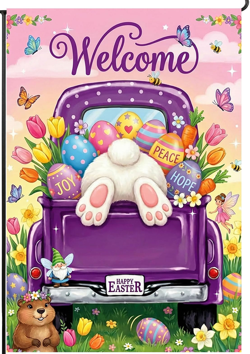 BANANABROTHER Easter Garden Flag purple with bunny and eggs front view