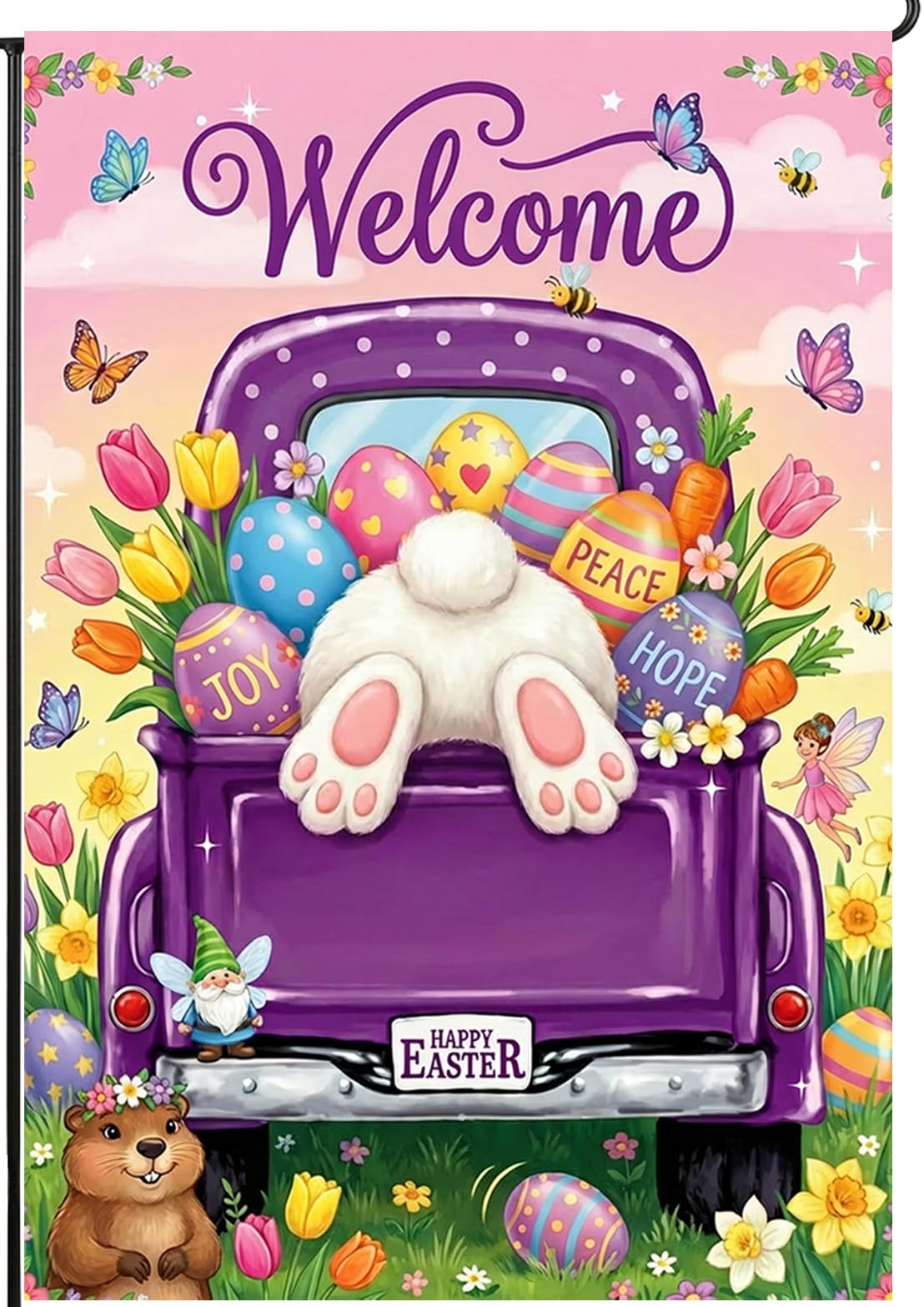 BANANABROTHER Easter Garden Flag purple with bunny and eggs front view