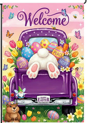 BANANABROTHER Easter Garden Flag purple with bunny and eggs front view