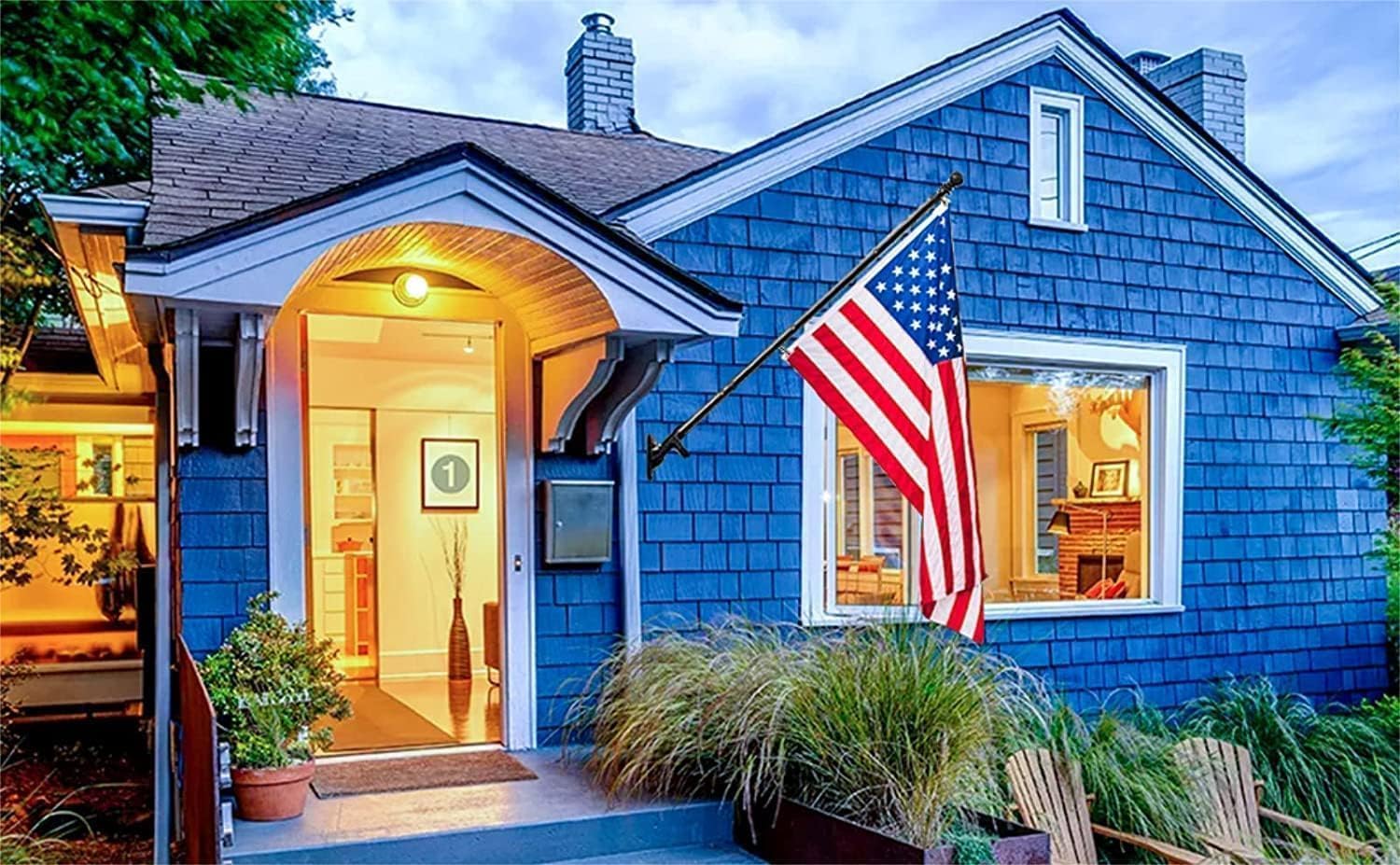 Barcetine American flag with black pole displayed on porch