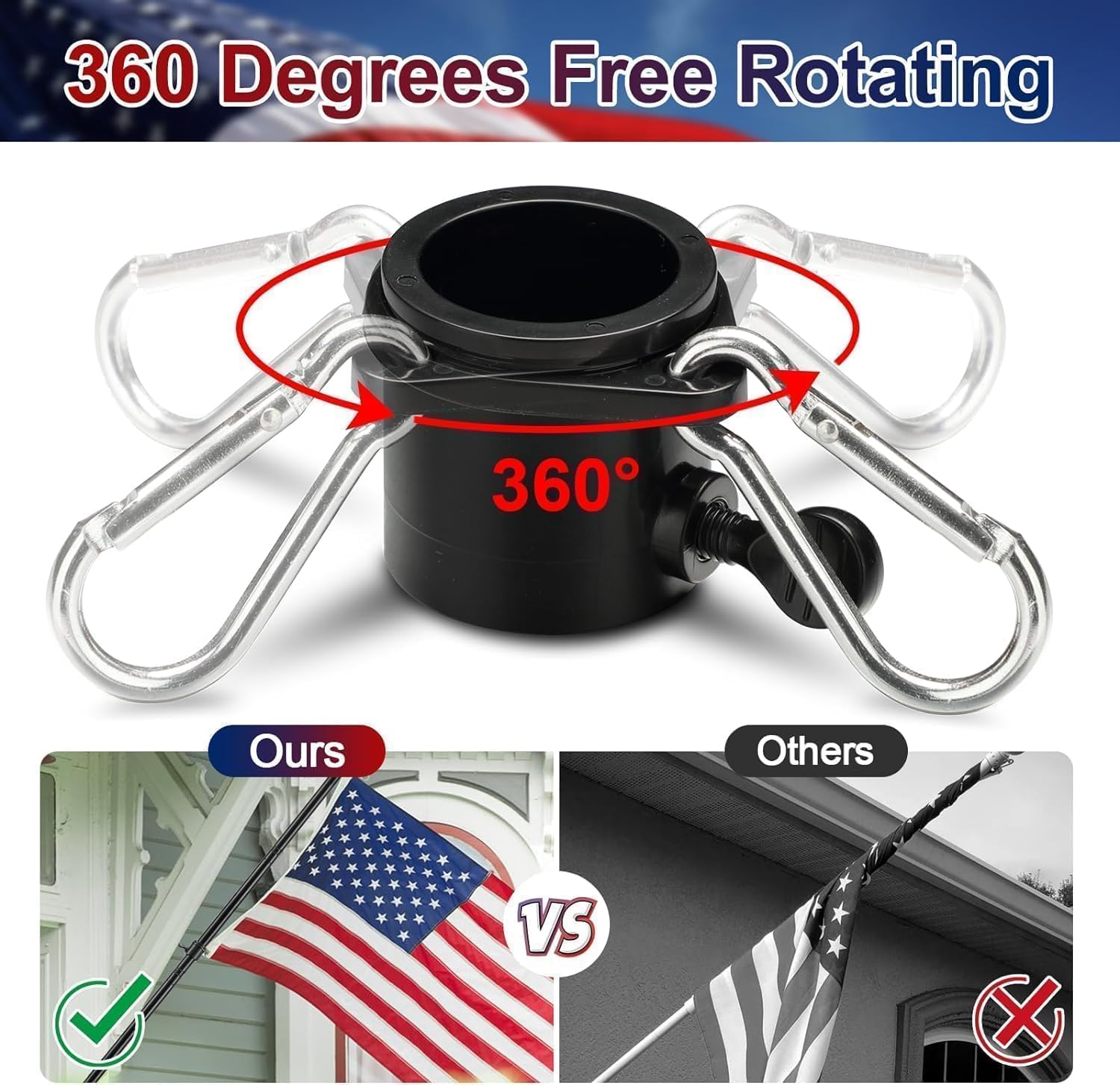 Barcetine flag pole 360° rotating anti-wrap rings