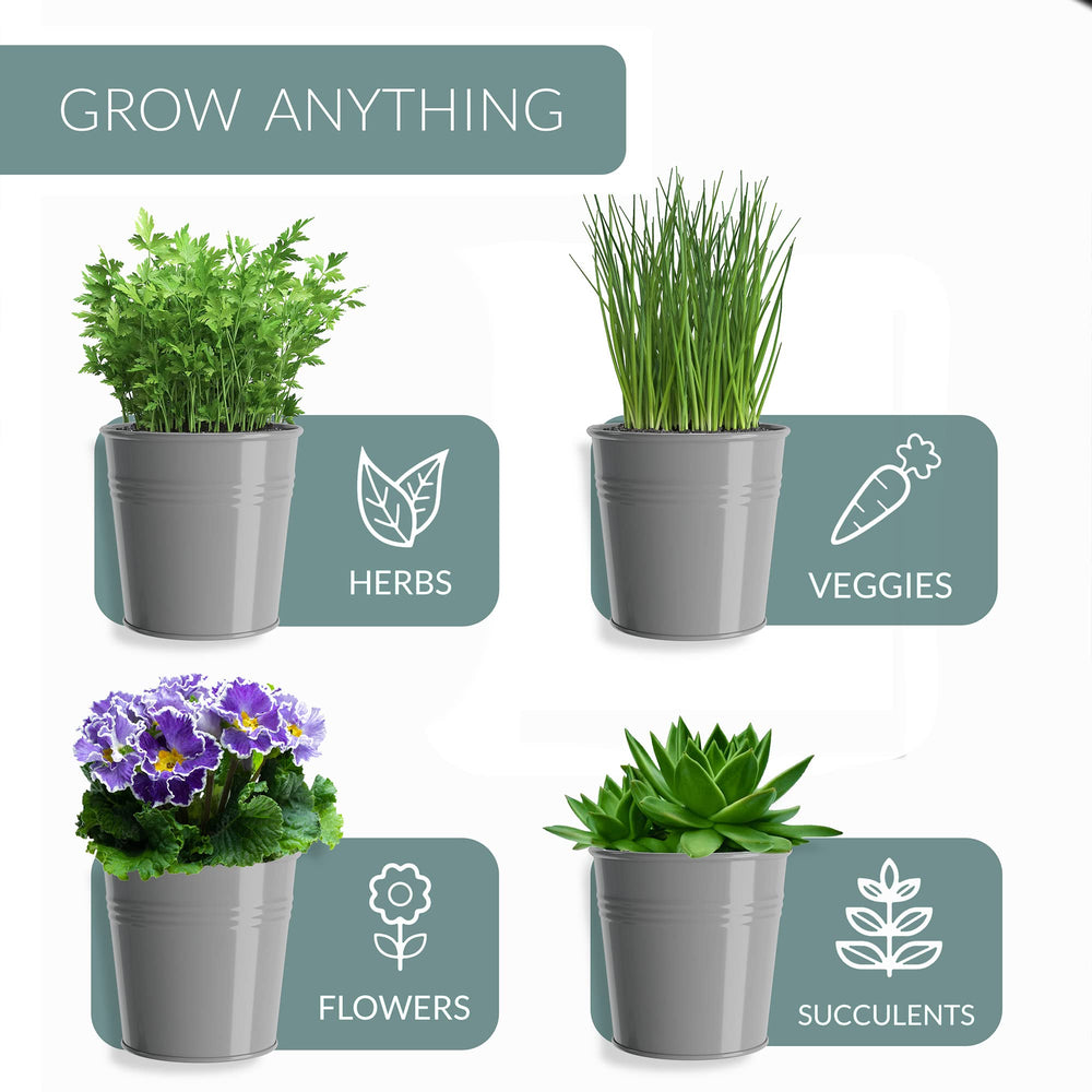 Barnyard Designs cool grey herb pots on kitchen counter