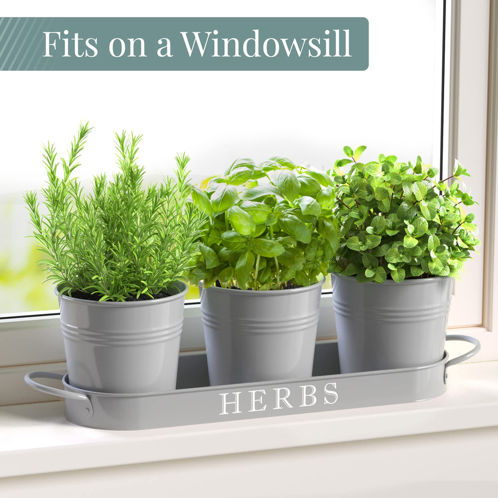 Barnyard Designs galvanized metal herb planters on windowsill