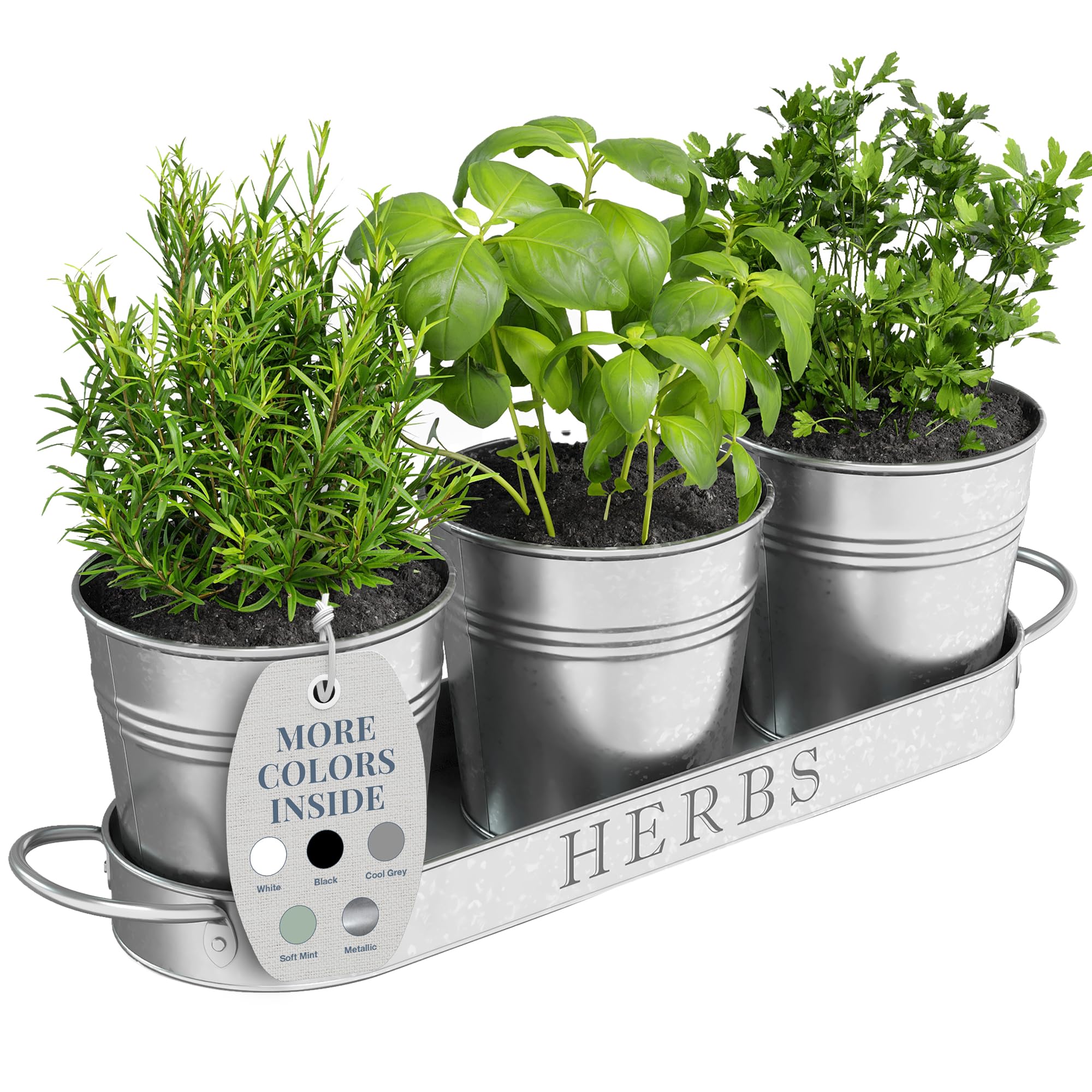 Barnyard Designs Indoor Herb Garden Planter Set of 3 galvanized pots with tray