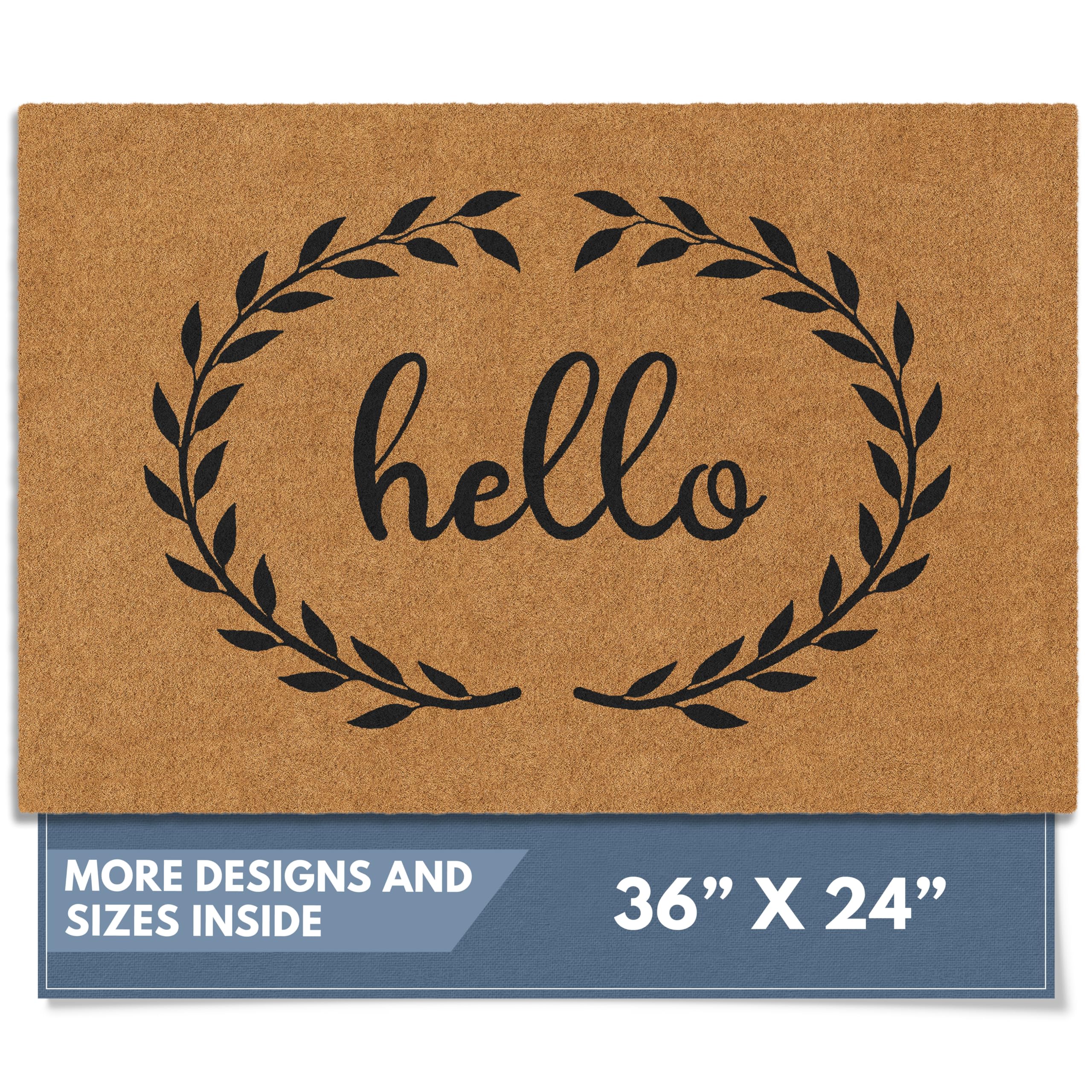 Barnyard Designs Natural Coco Coir Doormat front view with Hello Wreath design