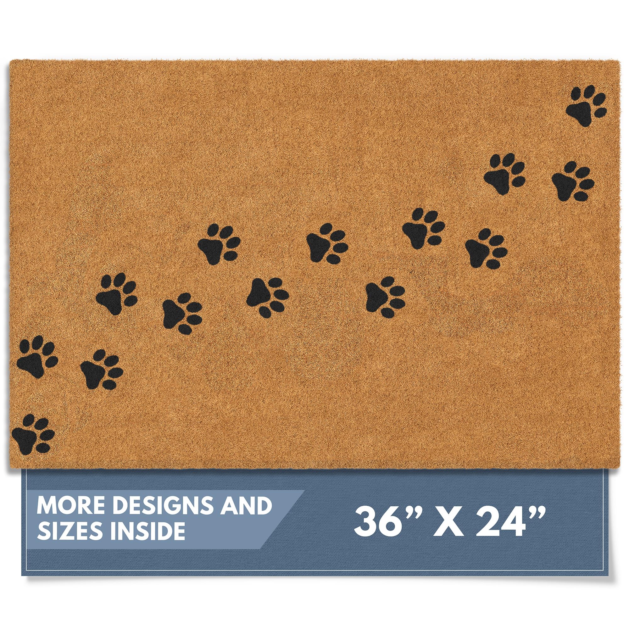 Barnyard Designs Natural Coco Coir Doormat front view with paw print design