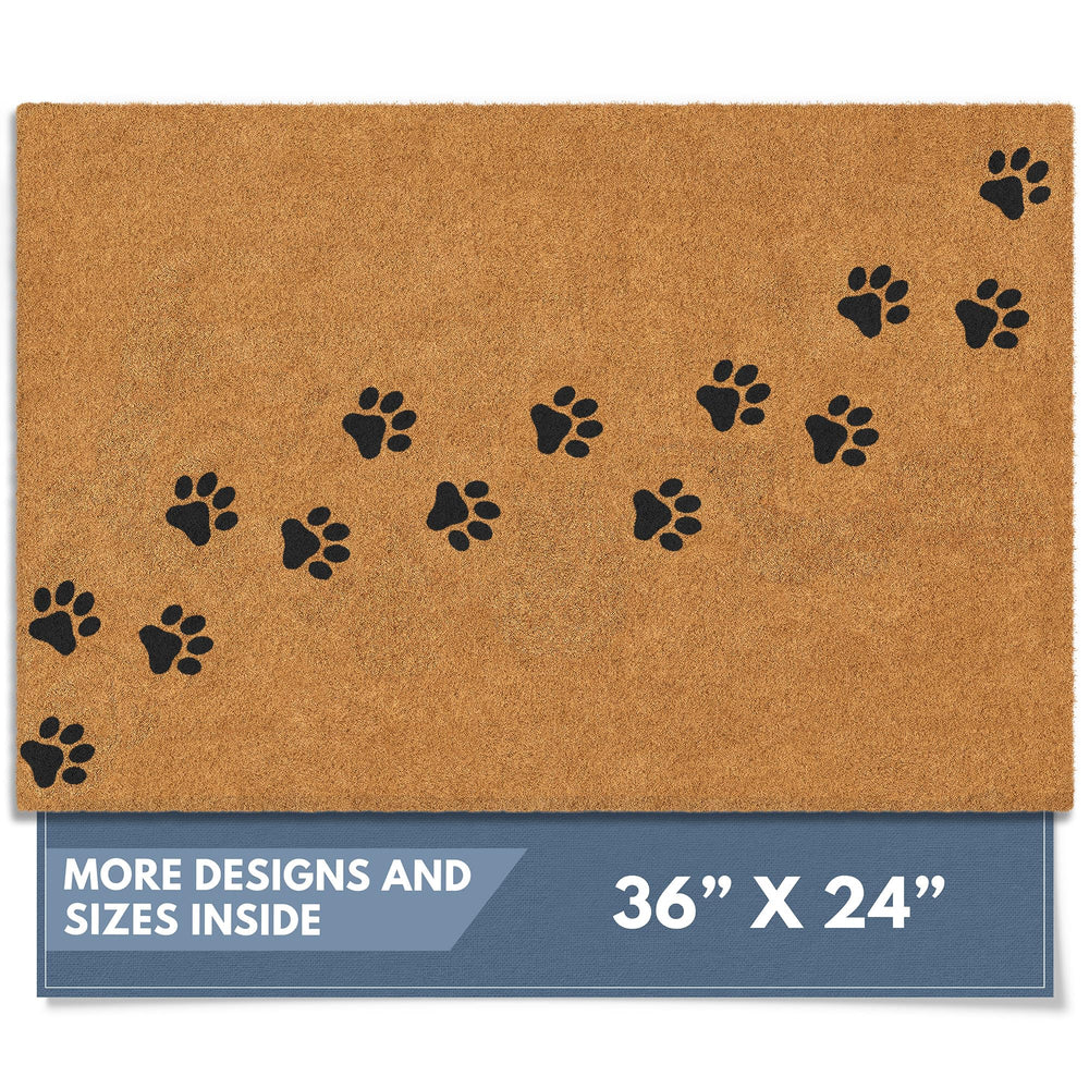 Barnyard Designs Natural Coco Coir Doormat front view with paw print design