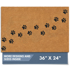 Barnyard Designs Natural Coco Coir Doormat front view with paw print design