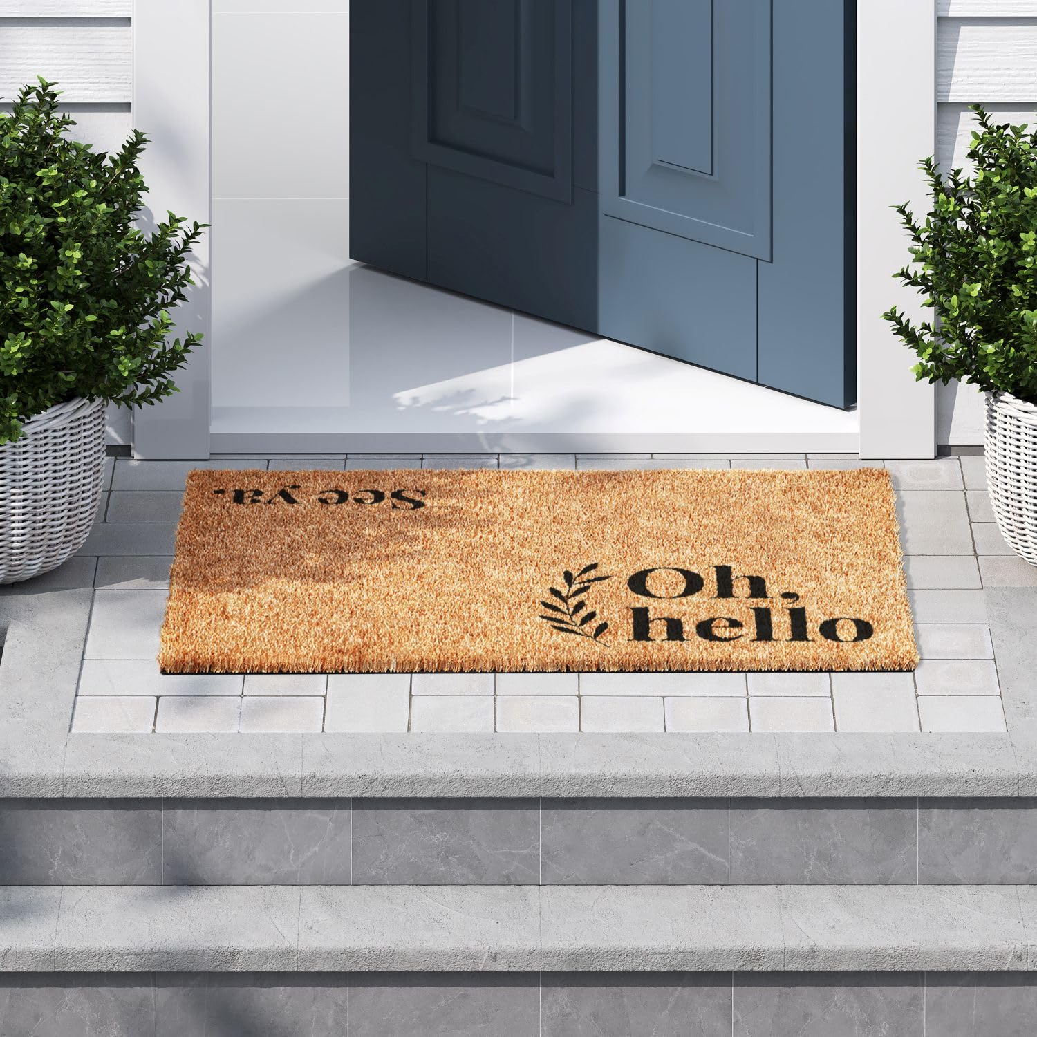 Barnyard Designs Oh Hello Doormat side view with rubber backing