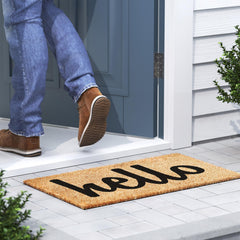 Barnyard Designs Thick Hello Welcome Mat on wooden porch
