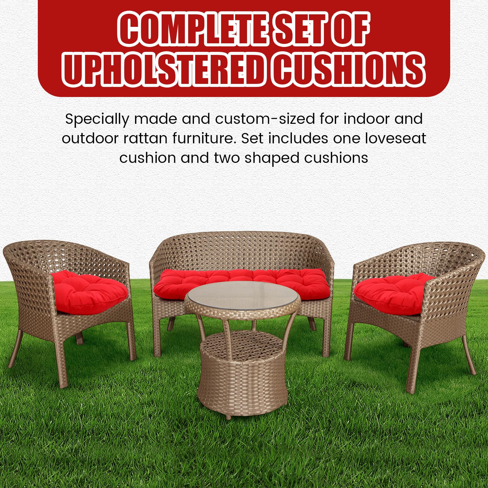 Barydat cushions in vibrant red colour on garden bench