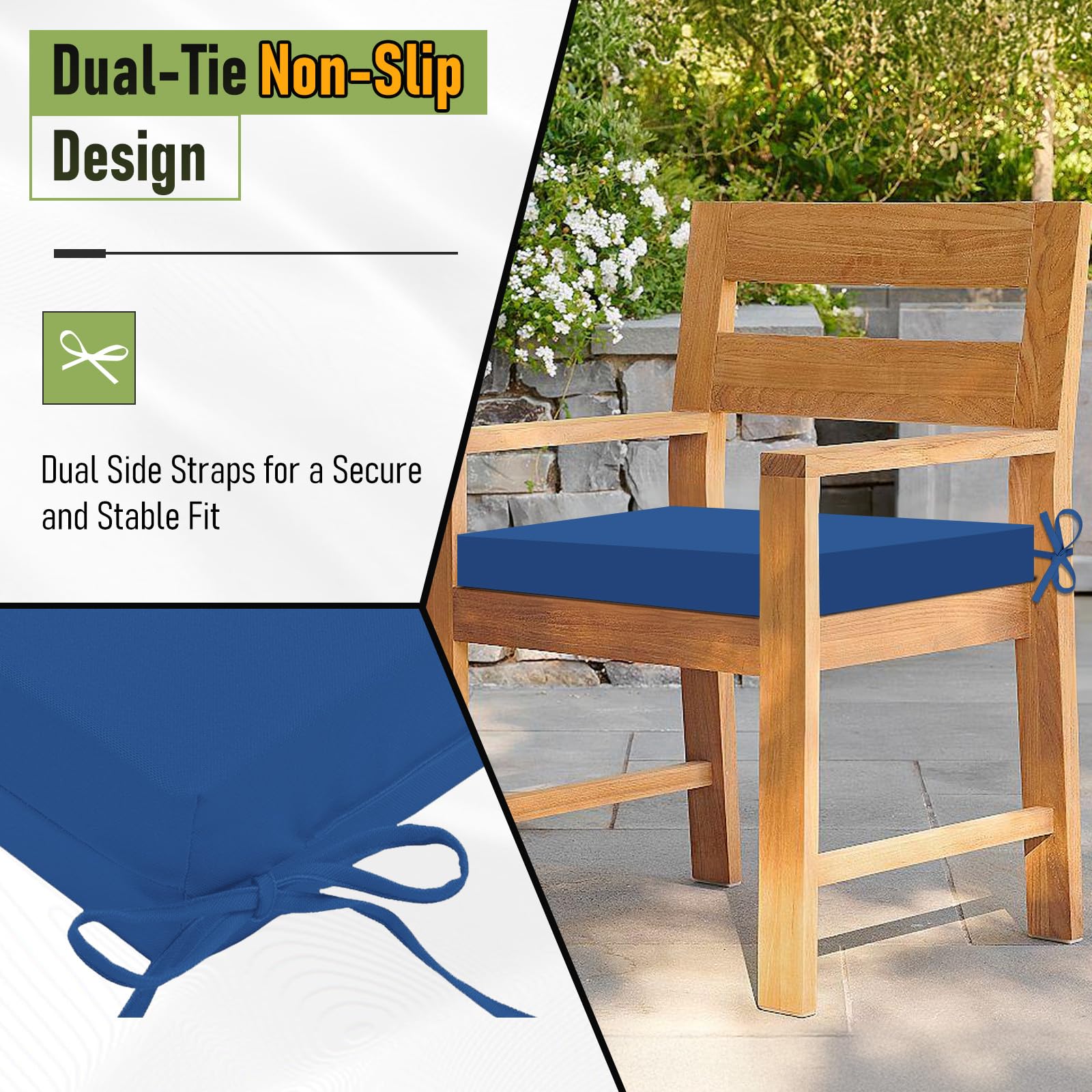 Basic Beyond outdoor chair cushions arranged on a garden chair