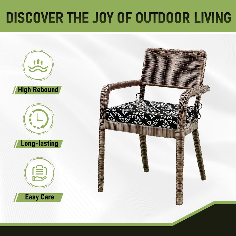 Basic Beyond outdoor chair cushions arranged on a garden chair