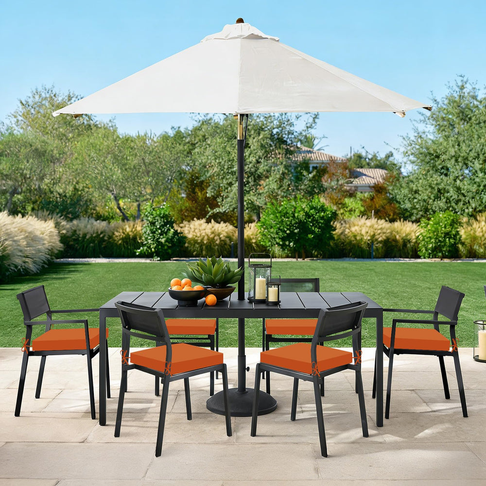 Basic Beyond outdoor chair cushions in use at a garden party