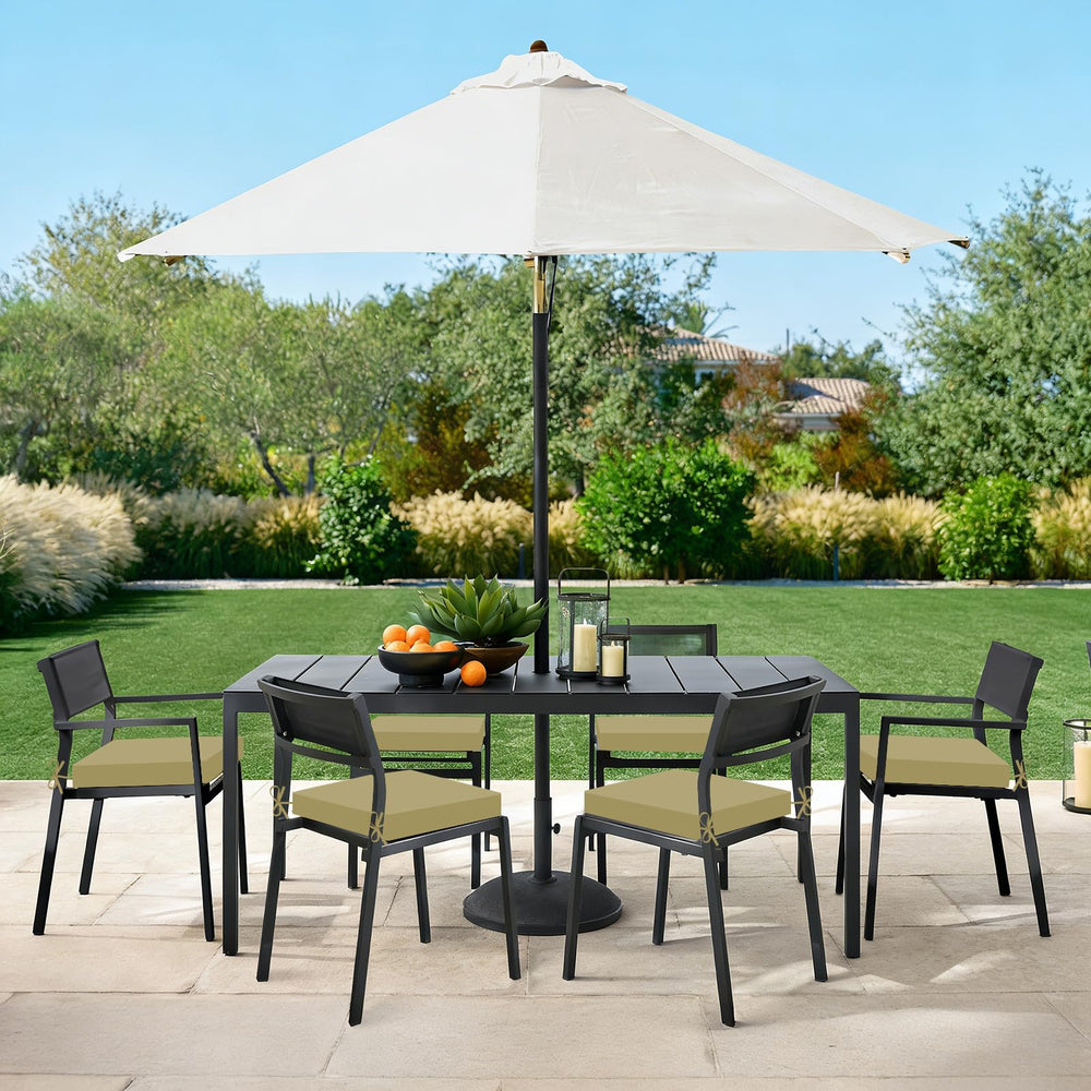 Basic Beyond Outdoor Chair Cushions set of 6 laid out outdoors