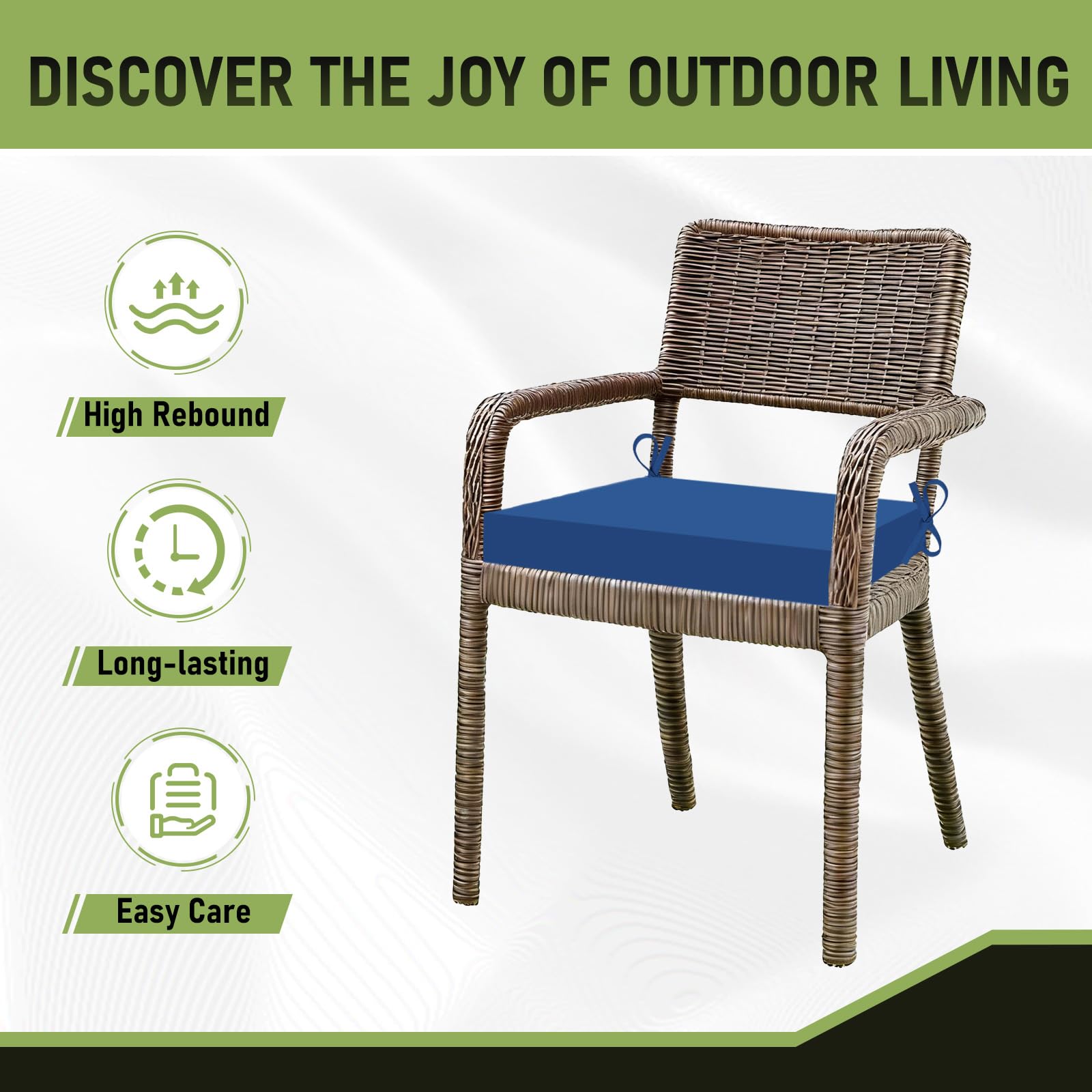 Basic Beyond outdoor chair cushions with straps visible