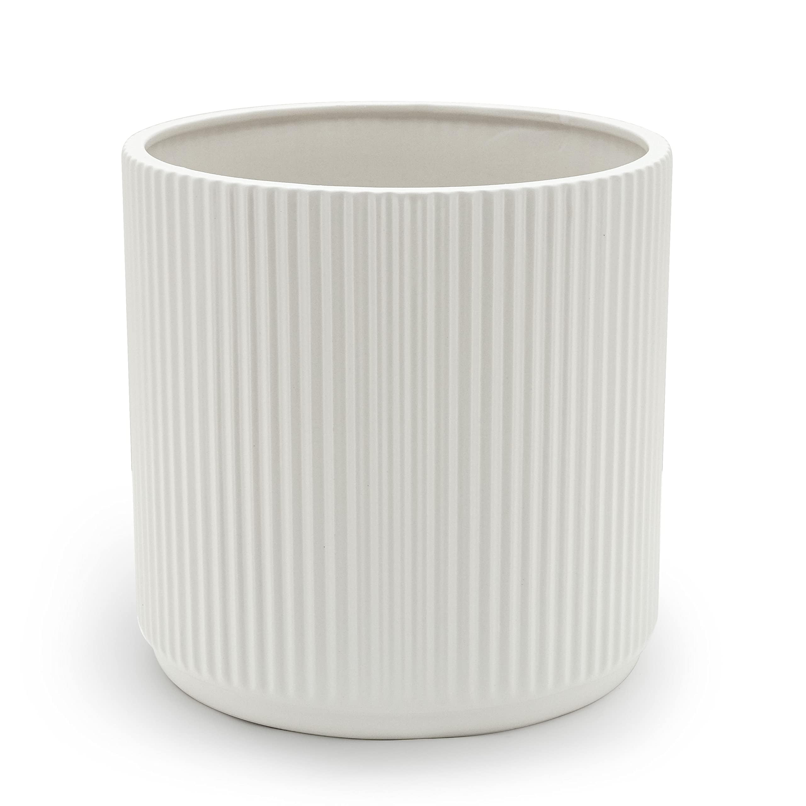 Basics 10-inch fluted ceramic planter pot front view in white