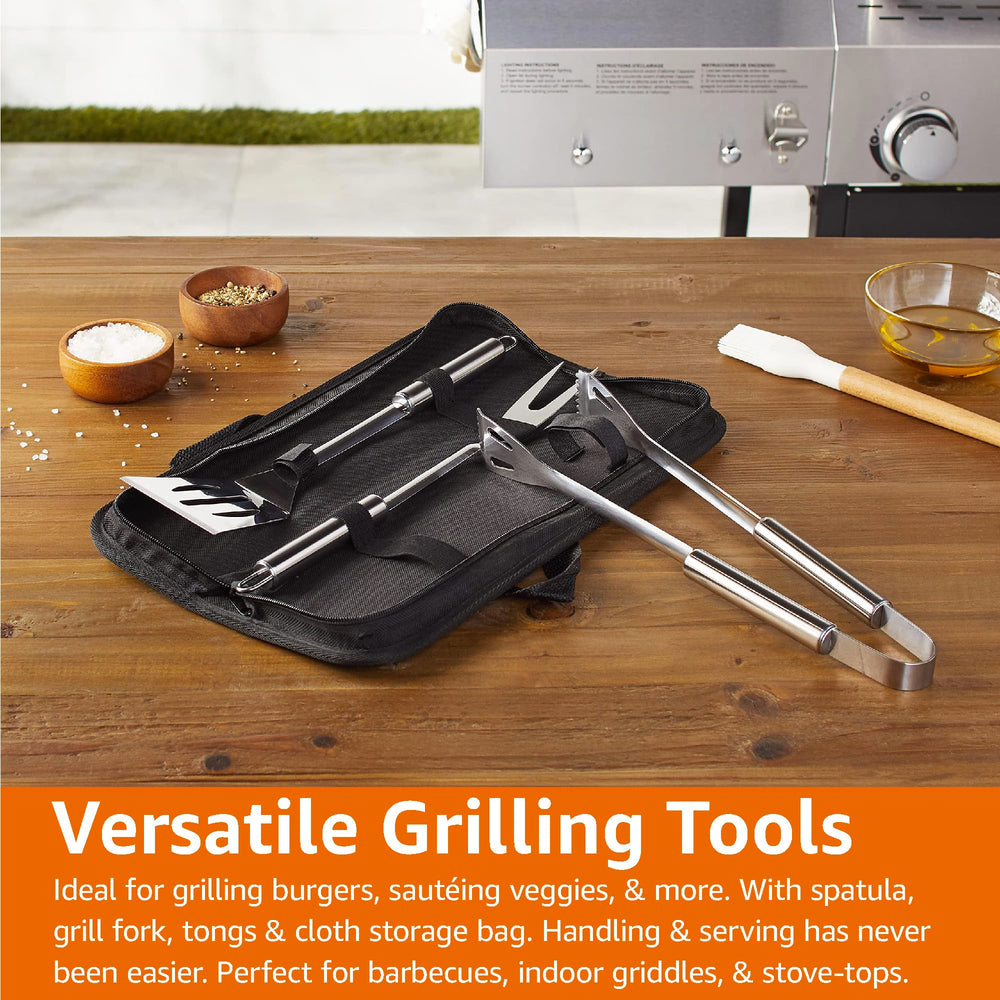 Basics 4-Piece BBQ grilling tool set with dimensions shown