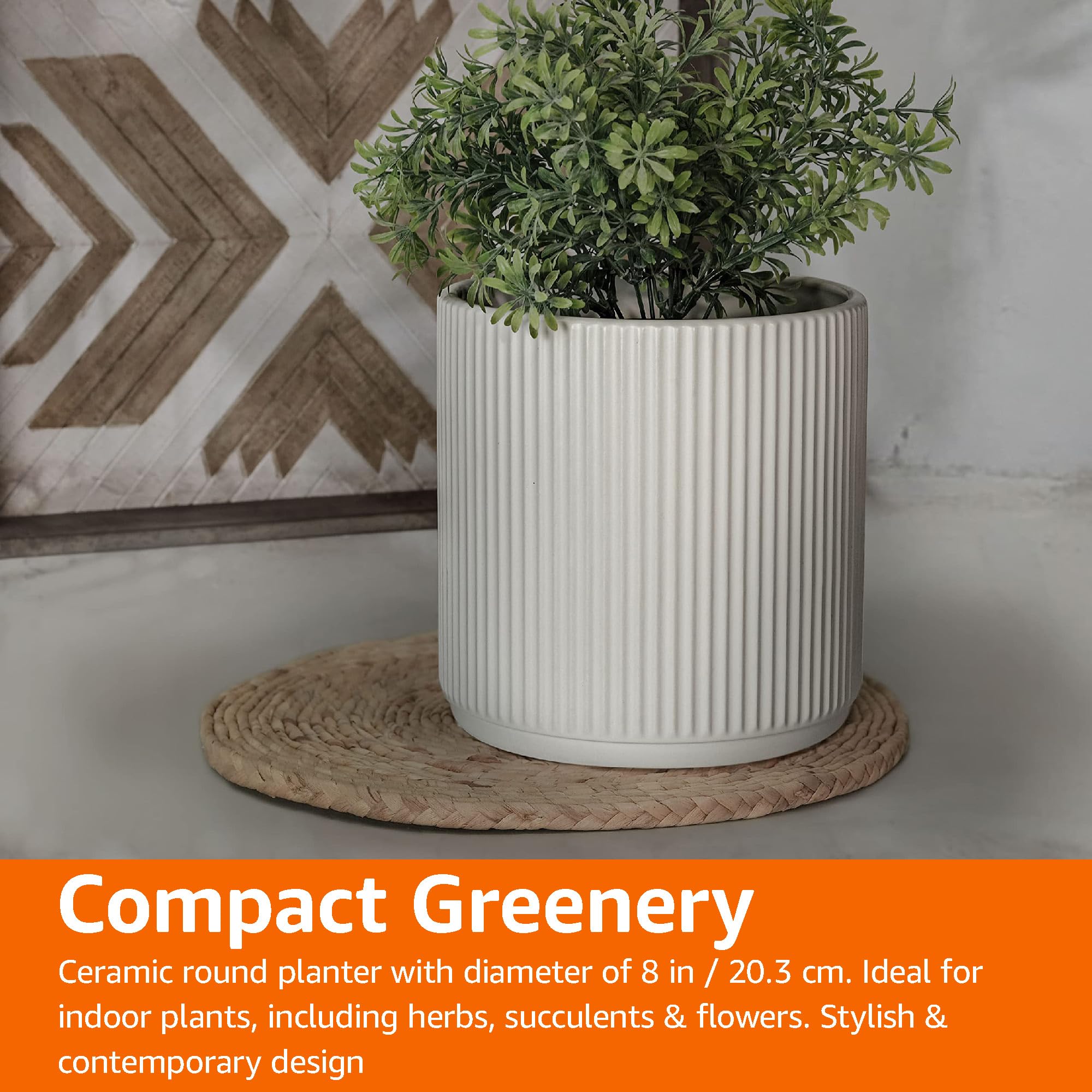 Basics 8-inch fluted planter pot on wooden table