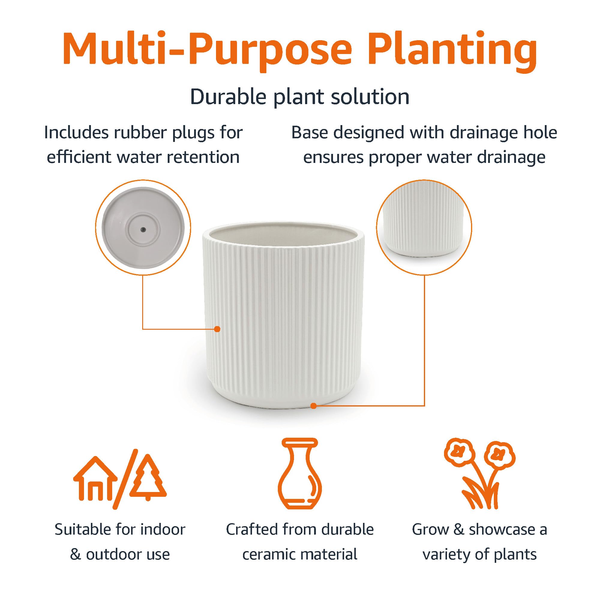 Basics 8-inch white ceramic planter showcasing drainage hole