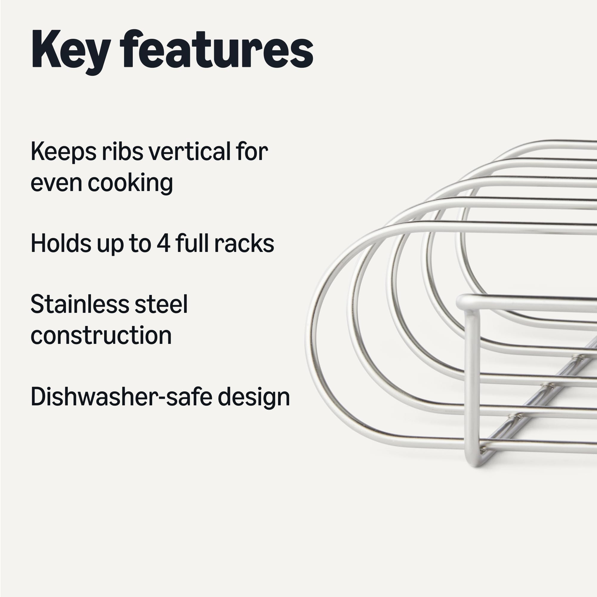 Basics Rib Rack holding four racks of ribs, grilling outdoors