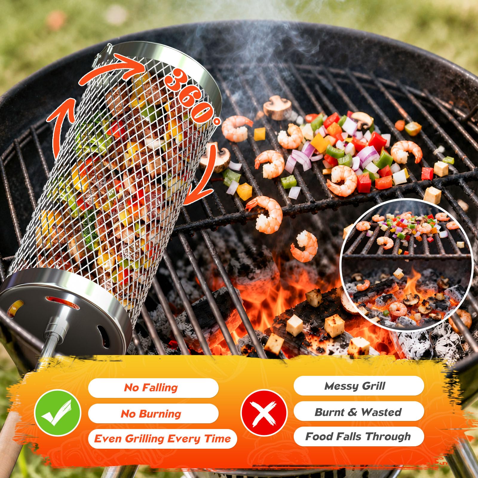 Basinel Grill Basket showing removable wooden handle