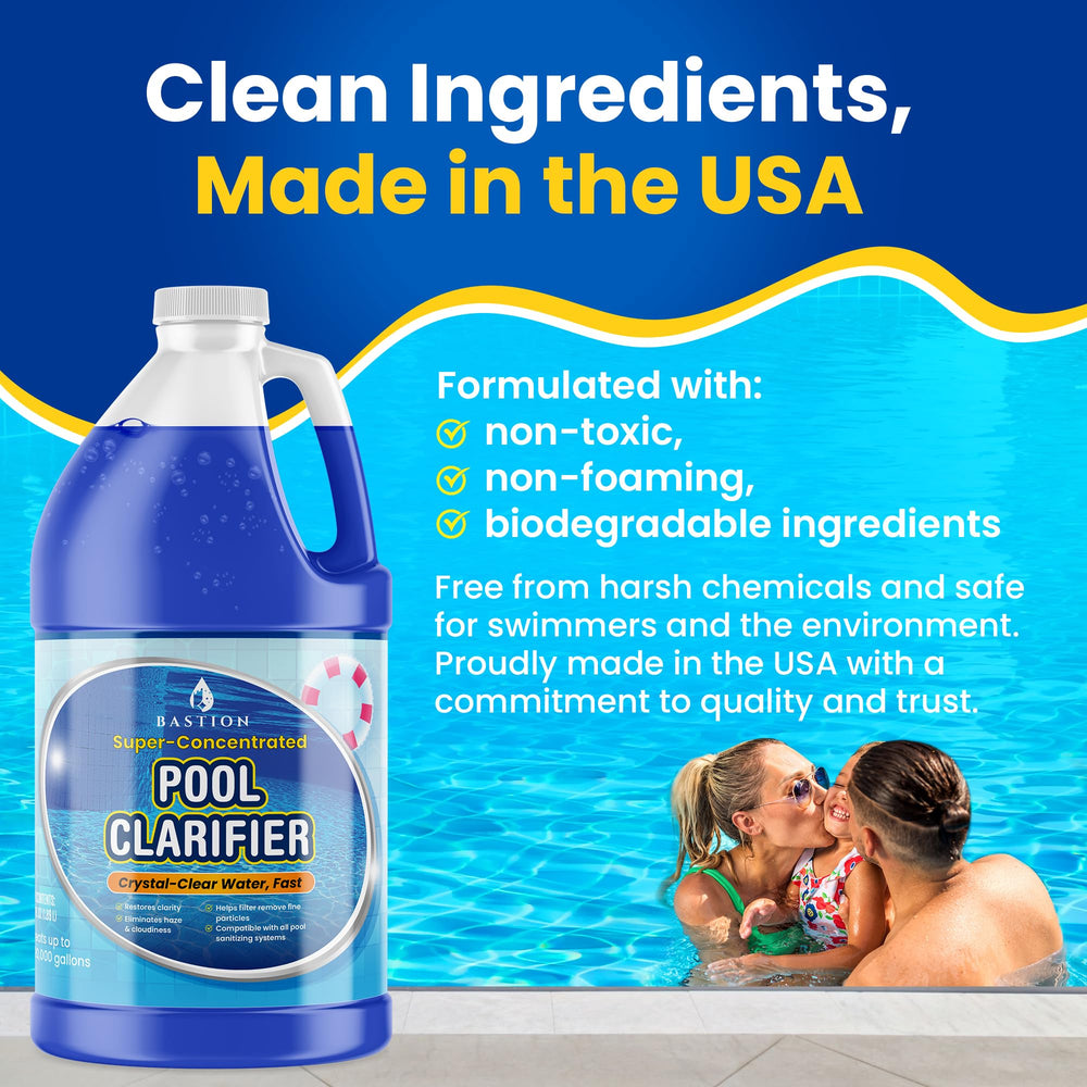 Bastion Pool Clarifier 64 oz beside swimming pool